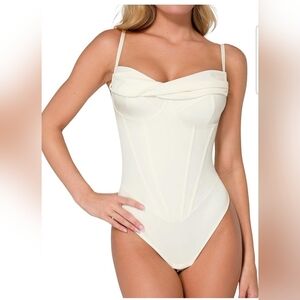 Popilush Women’s White Corset Cowel Neck Shapewear Tummy Control Bodysuit Size S